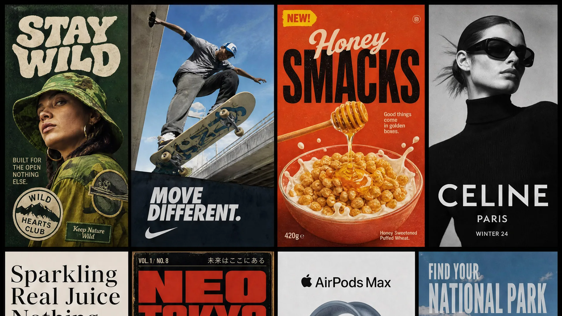 16:9 crop of the top of Honey ad test sheet 1, including the Honey Smacks poster.