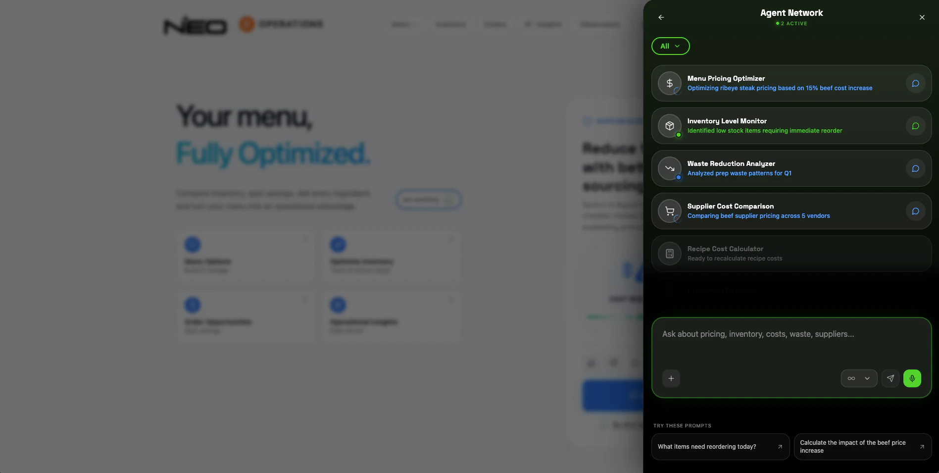 NEO Operations agent-network drawer over the landing, listing pricing, inventory, waste, and supplier agents.