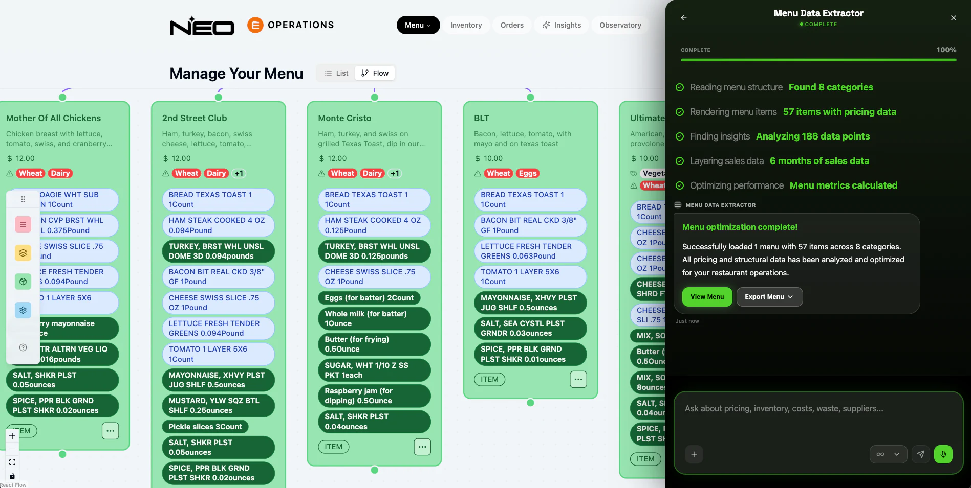 Manage Your Menu board with dish columns and a completed menu-data extractor panel.