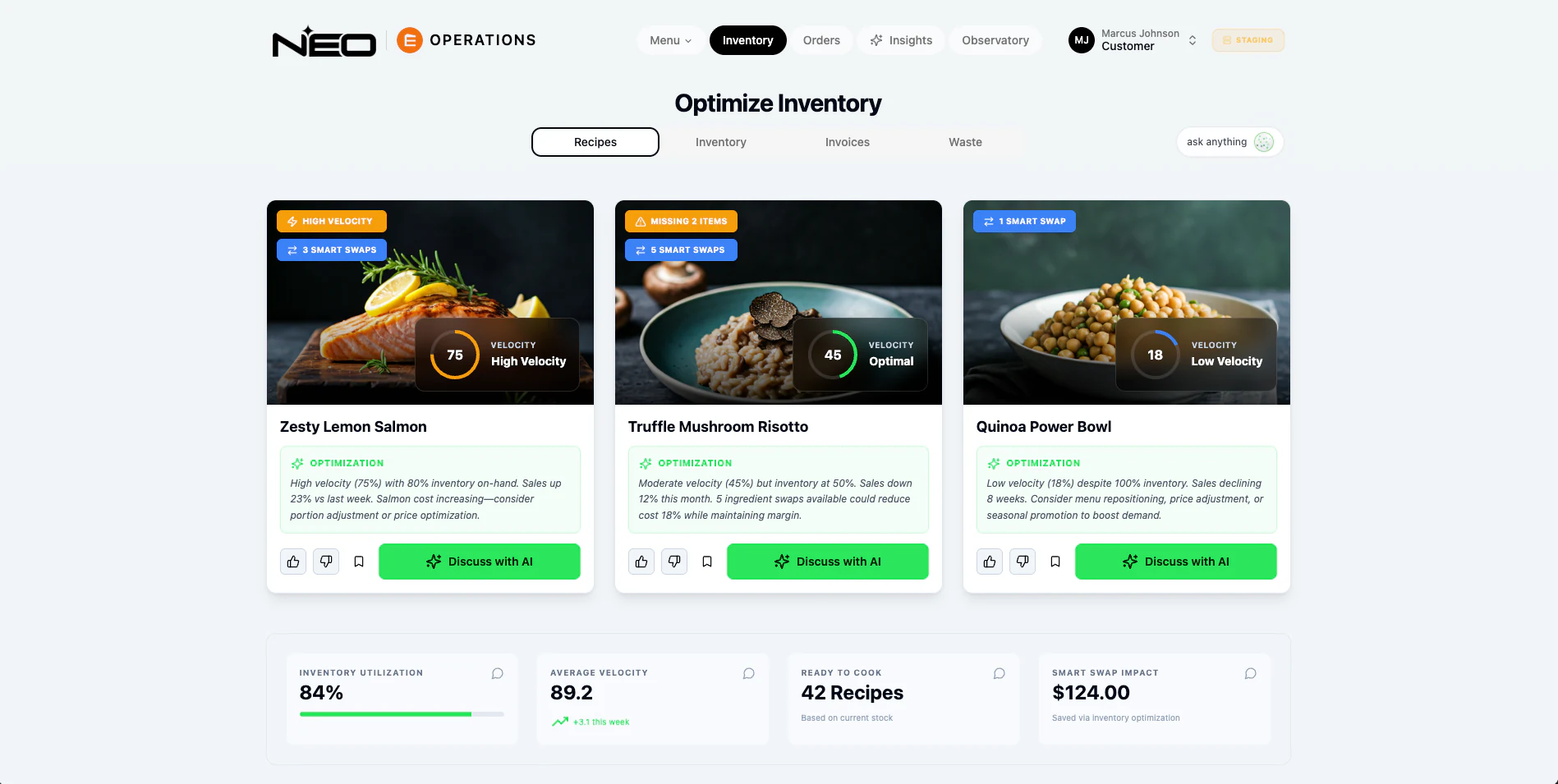Optimize Inventory recipe cards with velocity and smart-swap calls.