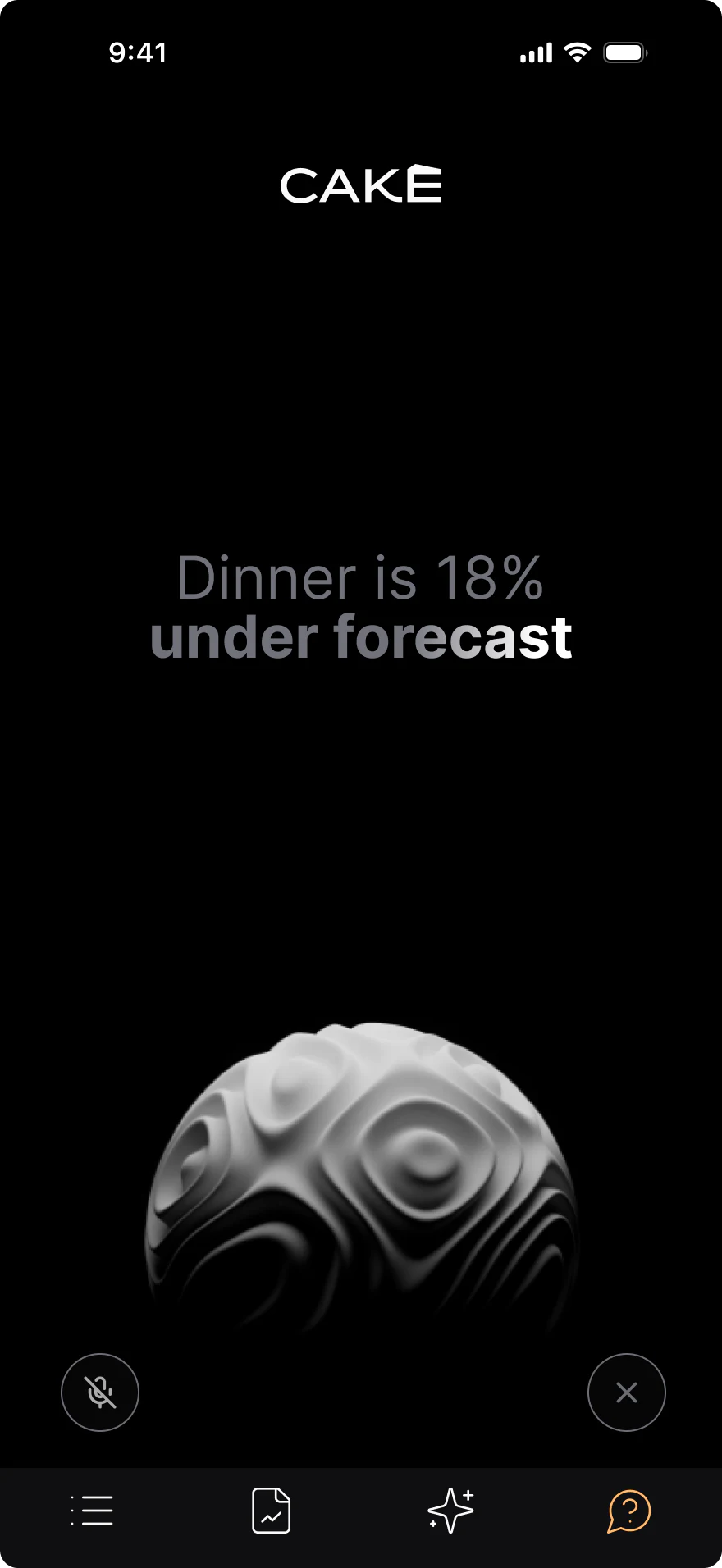 NEO mobile: Dinner is 18% under forecast on a black phone screen with a textured sphere.