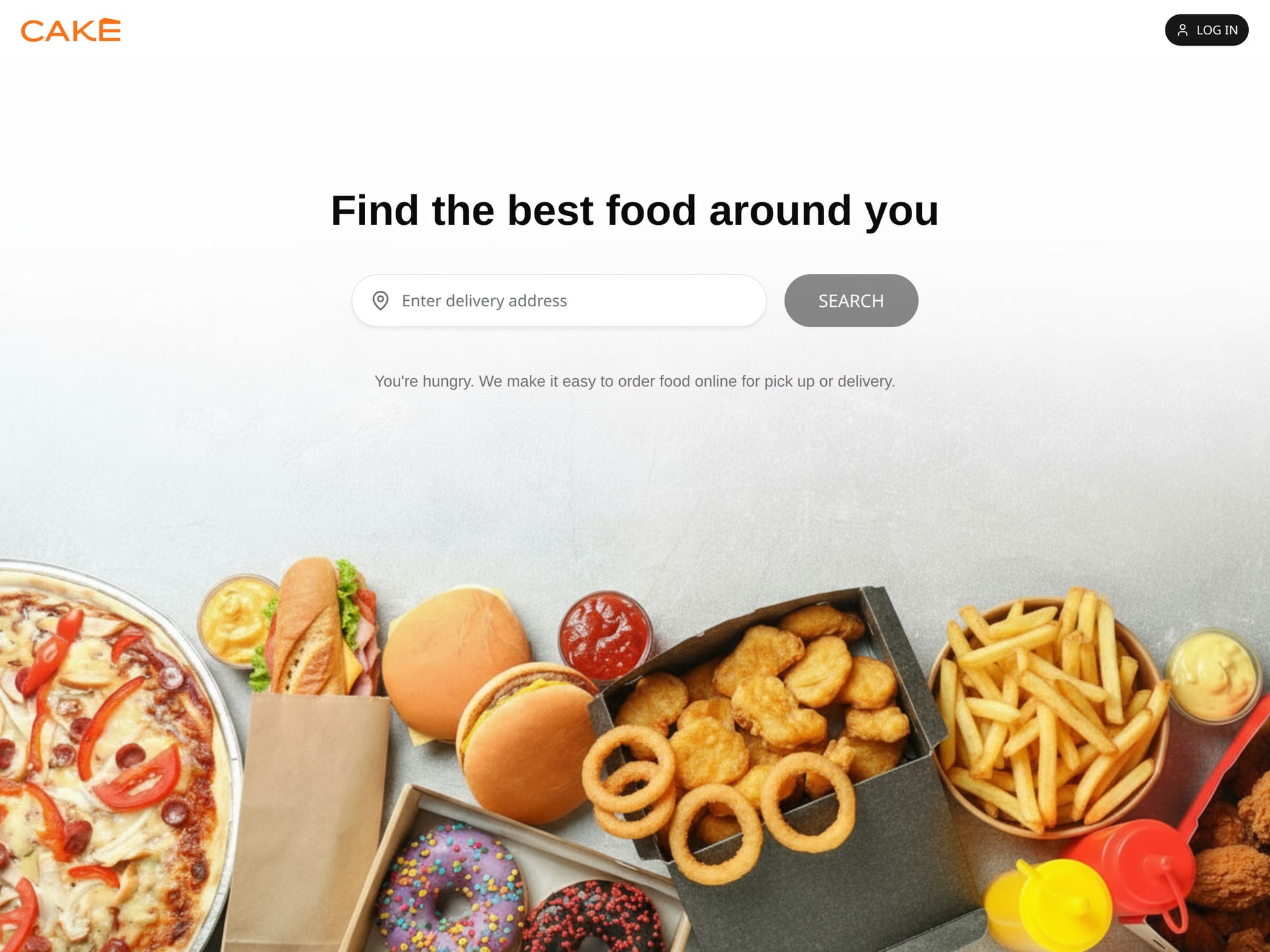 CAKE consumer landing design mock: Find the best food around you, with address search and food photography along the bottom. Design mock provided for this study, not live restaurant photography.