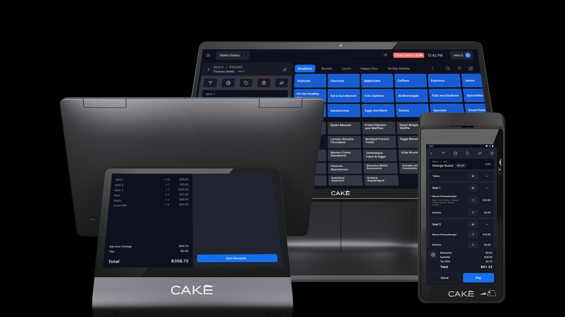CAKE POS family: terminal with the item grid, customer display with a check total, and handheld order ticket.